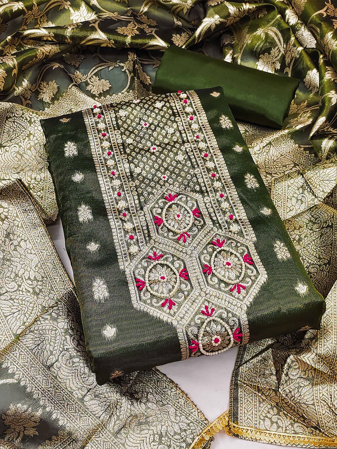 

KIMISHA Ethnic Motifs Woven Design Zari Unstitched Dress Material, Green