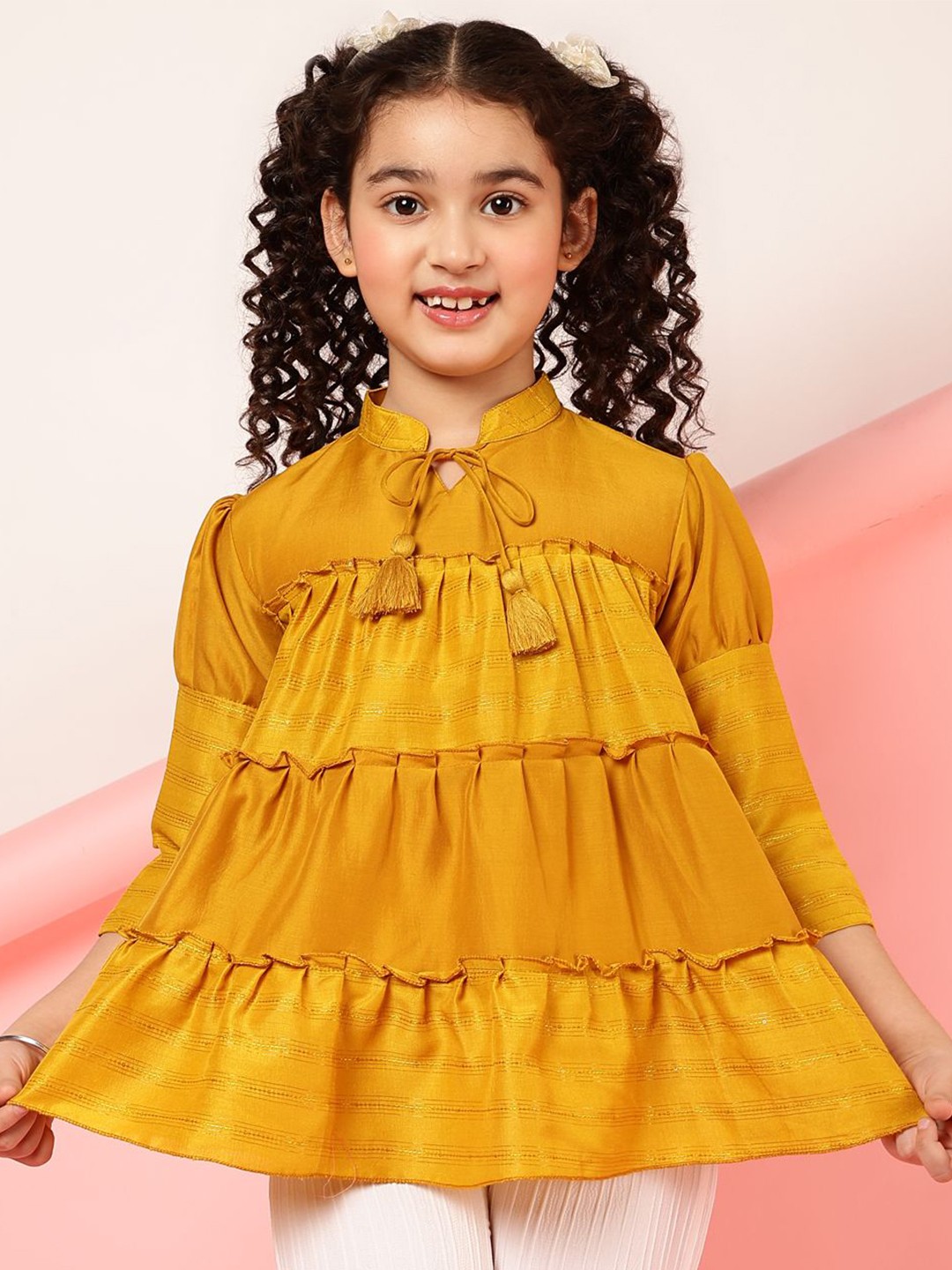 

BAESD Tie-Up Neck Puff Sleeve Tiered Top, Yellow