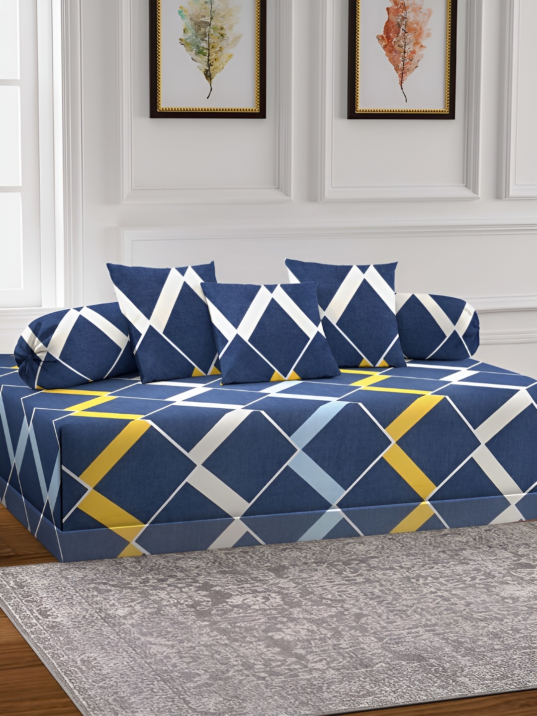

Arrabi Set Of 6 Grey & Blue Printed Geometric Bedsheet With Bolster & Cushion Covers