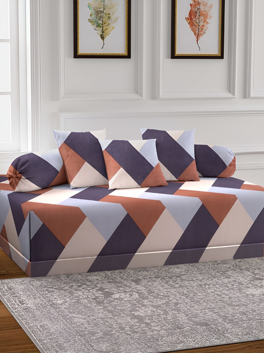 

Arrabi 6-Pcs Blue & Brown Geometric Printed Poly Cotton Diwan Set