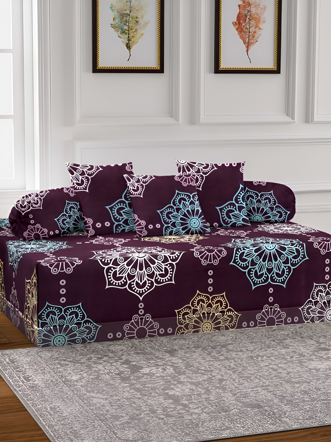 

Arrabi 6 Pcs Violet Printed Pure Cotton Diwan Set