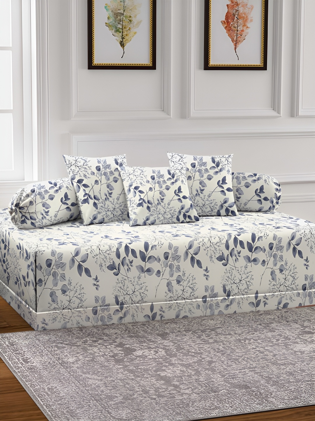 Arrabi 6-Pcs White & Blue Leaf Printed TC Adults-Unisex Cotton Diwan Set