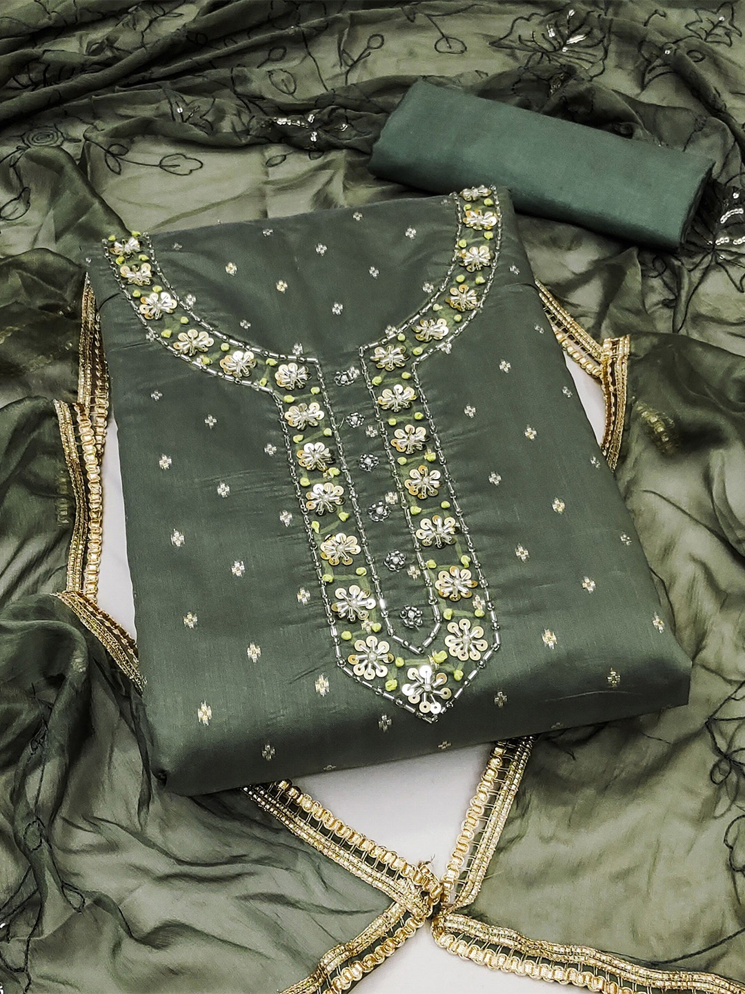 

KIMISHA Floral Embellished Beads and Stones Unstitched Dress Material, Green