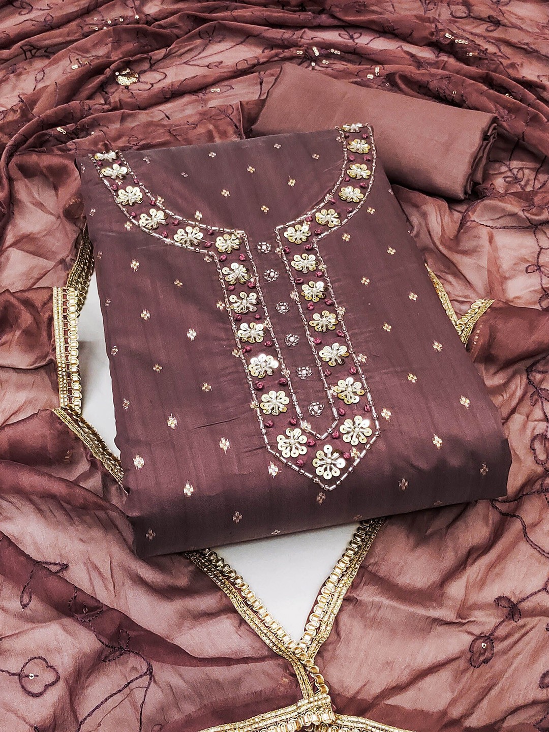 

KIMISHA Floral Embellished Unstitched Beads and Stones Dress Material, Brown