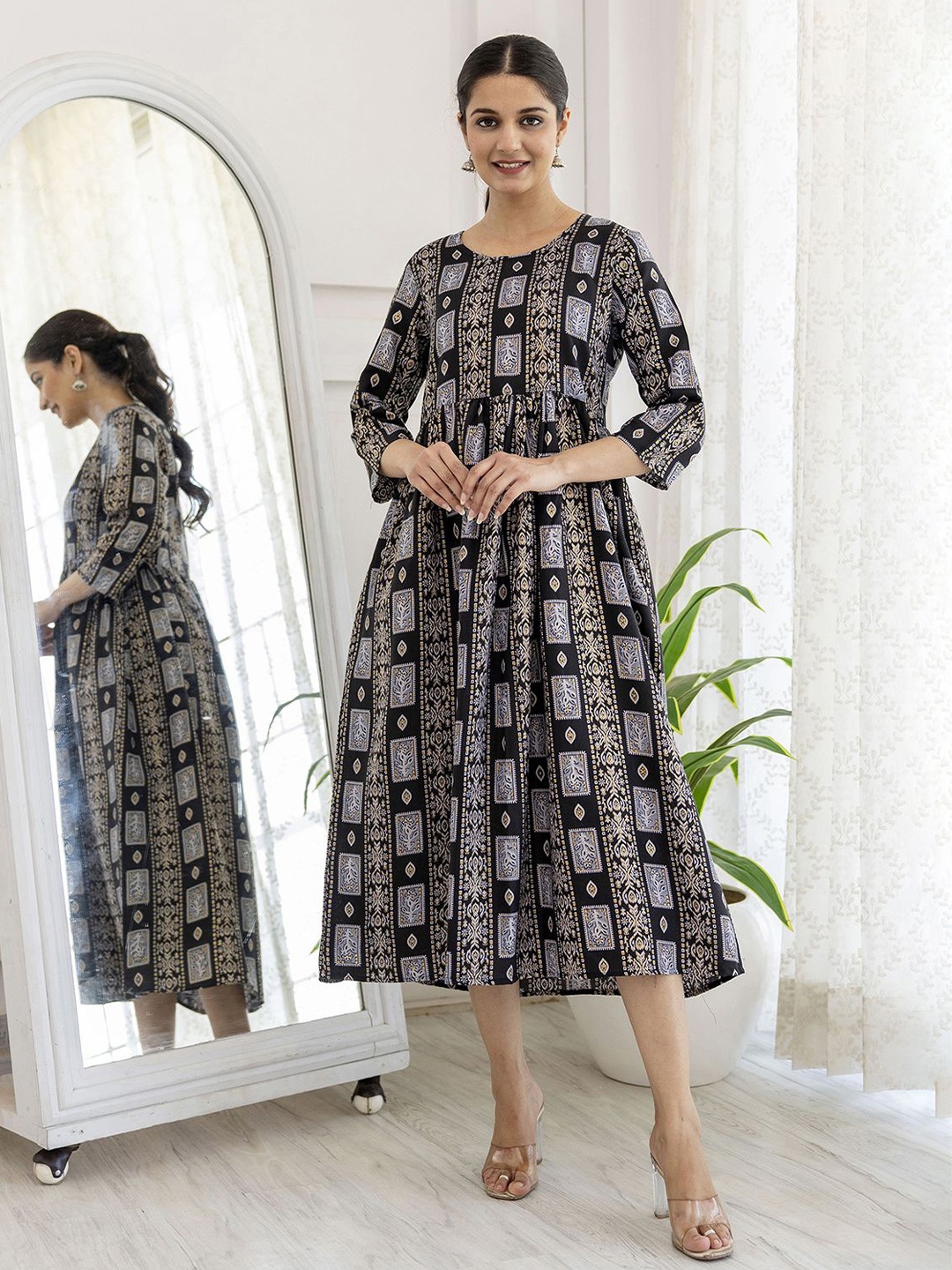 

Nayo Ethnic Printed Regular Sleeves A-Line Midi Dress, Black