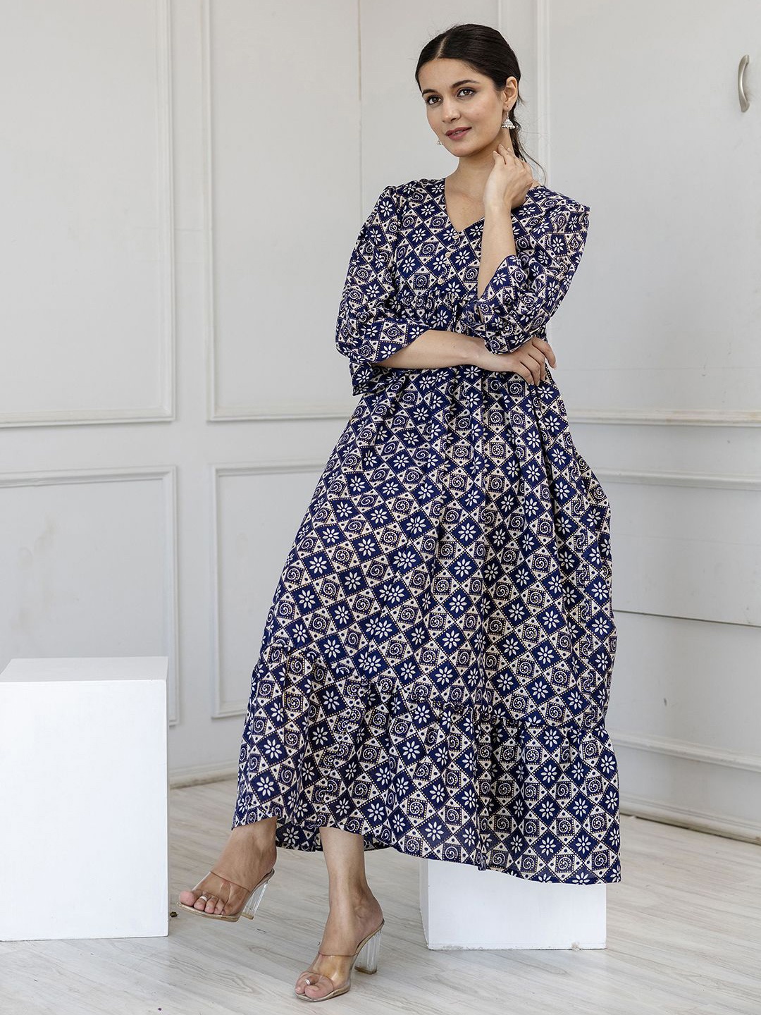 

Nayo Floral Print Puff Sleeve Fit & Flare Midi Dress, Blue