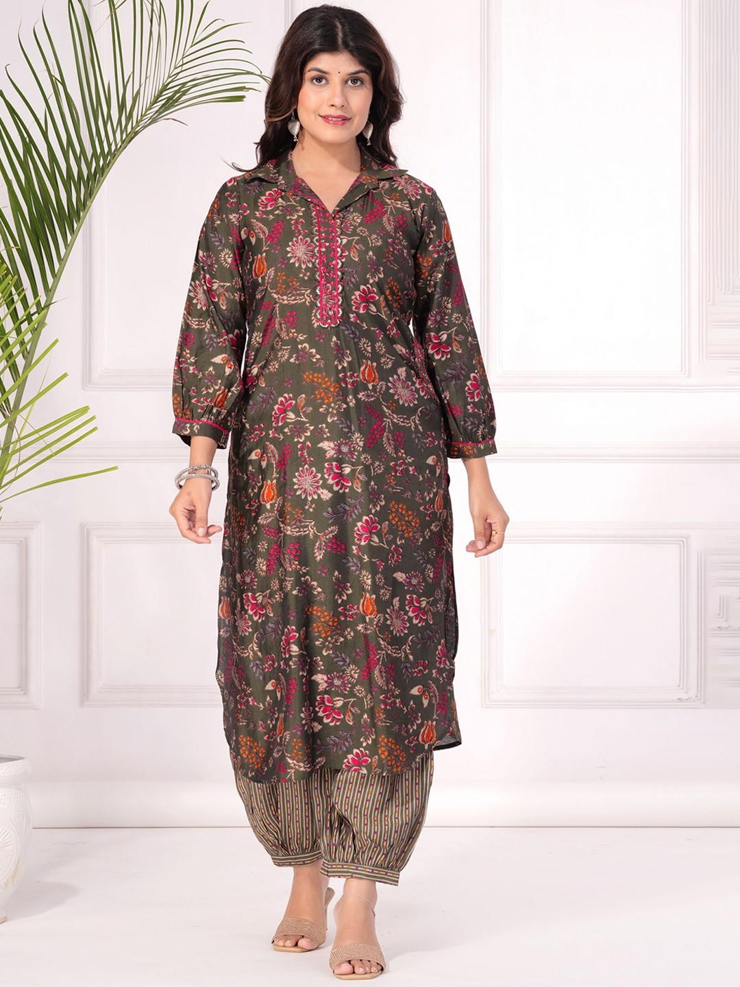 

KALINI Women Floral Yoke Design Regular Beads and Stones Kurta with Trousers, Brown