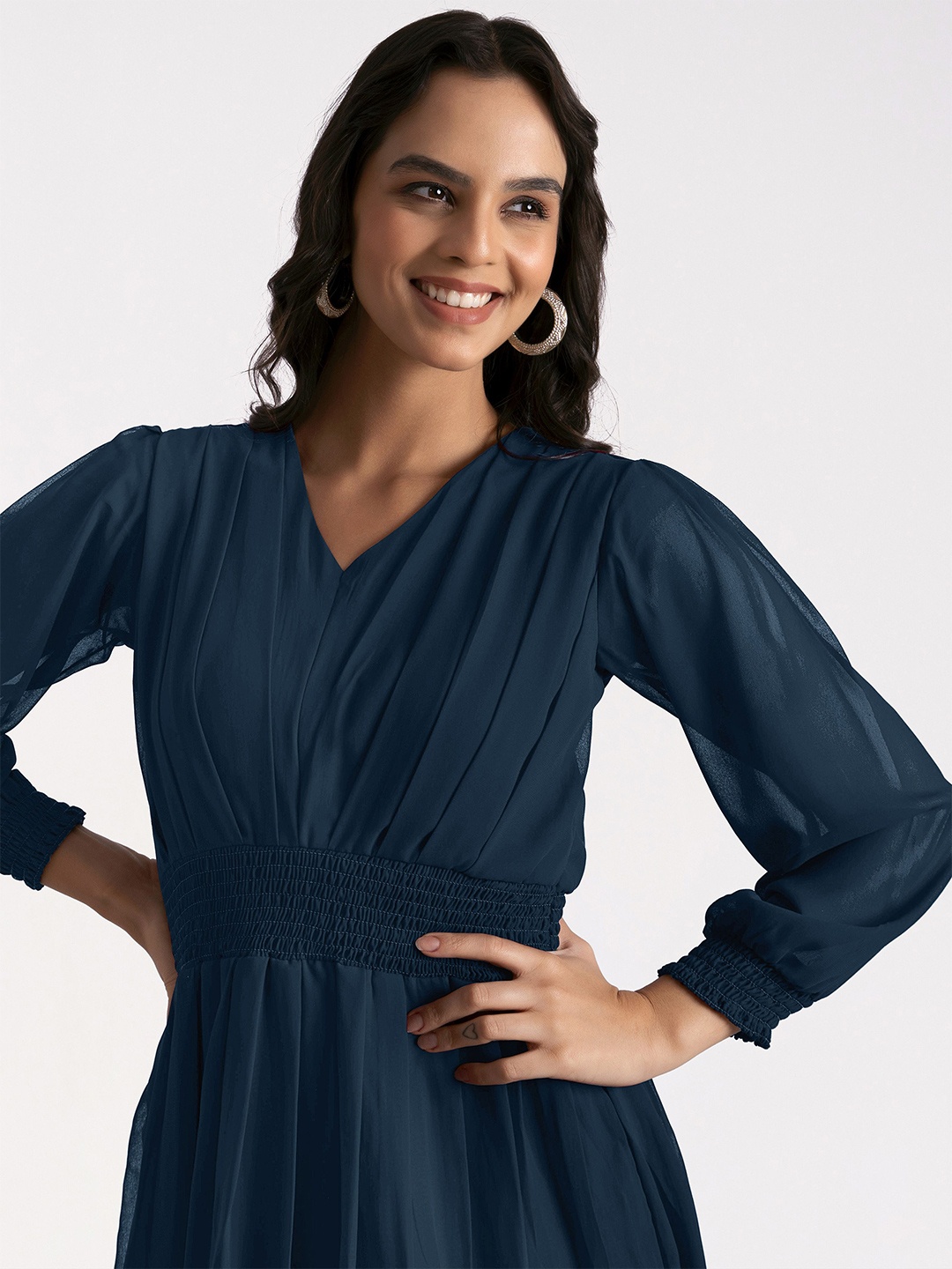 

FLOWERVELLY Puff Sleeve Georgette Maxi Dress, Teal