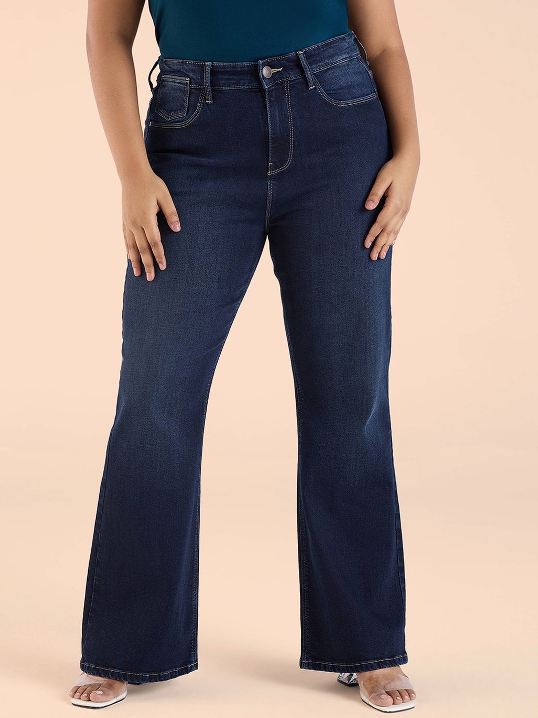 

Big Hello - The Plus Life Women Bootcut Low Distress Light Fade Jeans, Navy blue