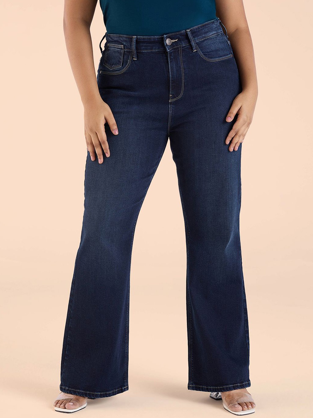 

Big Hello - The Plus Life Women Bootcut Low Distress Light Fade Jeans, Navy blue