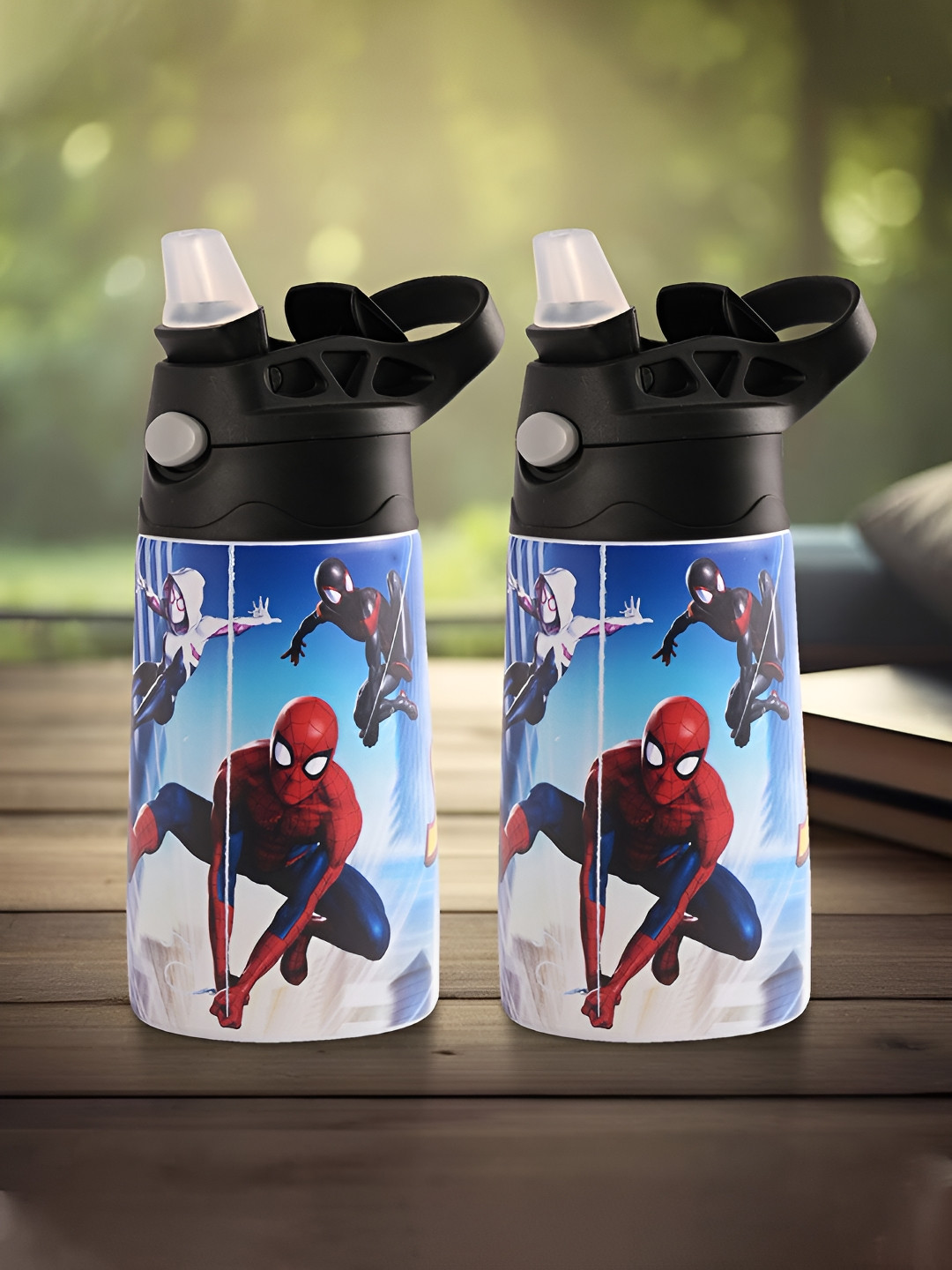 Kuber Industries Blue 2 Pcs Marvel Spiderman Printed Stainless Steel Sippers 350 ml each
