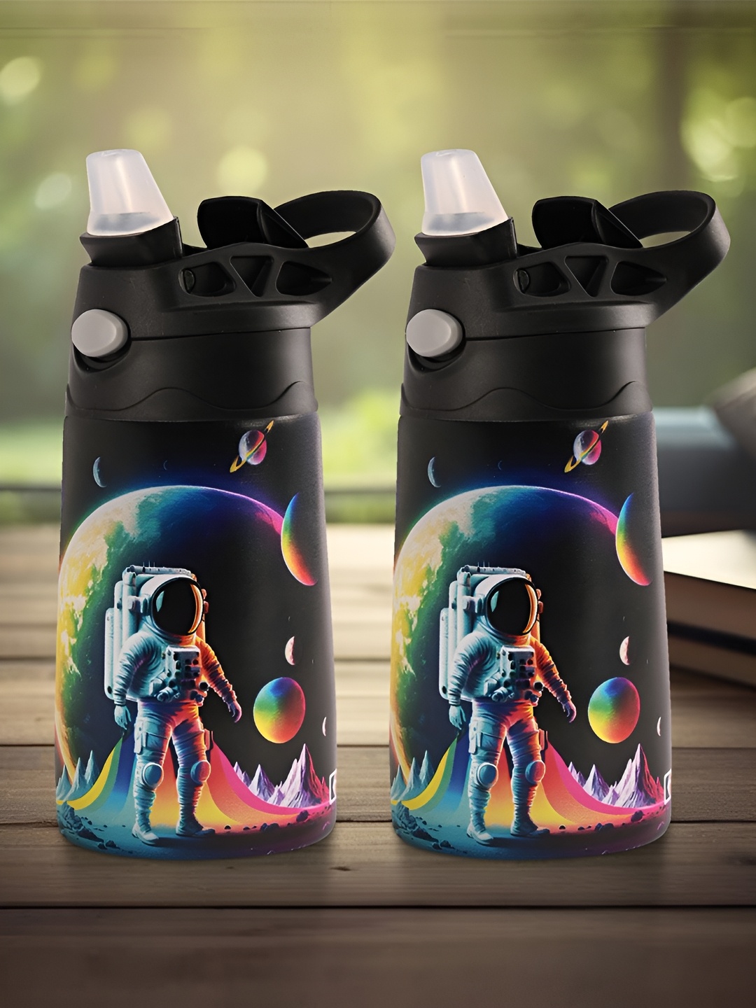 

Kuber Industries Black 2 Pcs Journey To Space Printed Stainless Steel Sippers 350 ml each