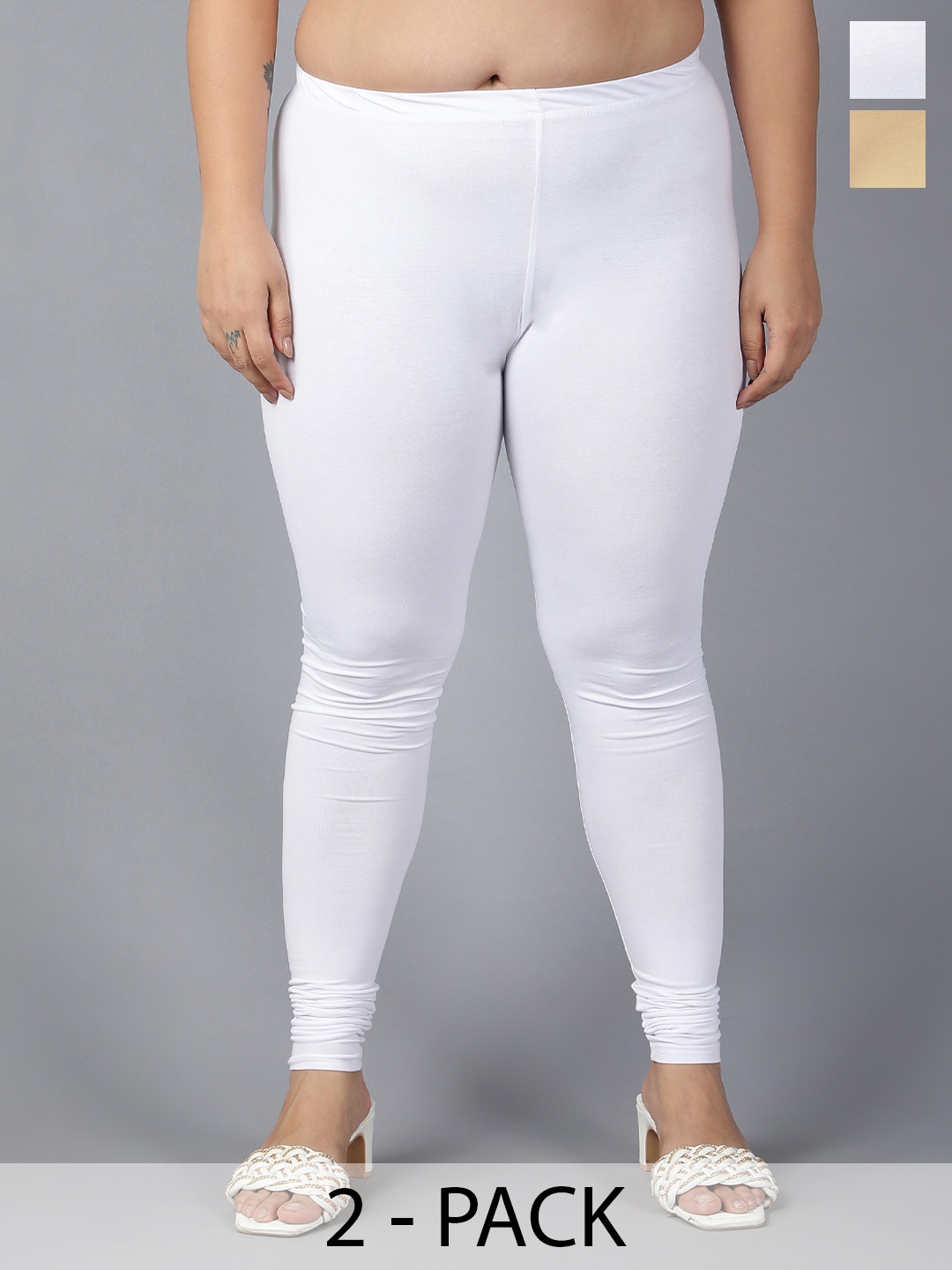 Plus Size Pack Of 2 Plus Size Churidar-Length Leggings, White