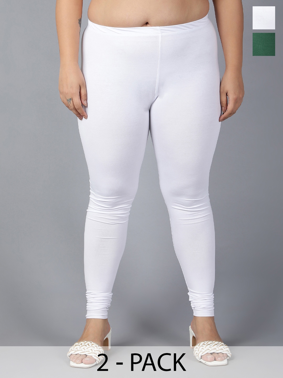 Plus Size Pack Of 2 Churidar Length Leggings, White