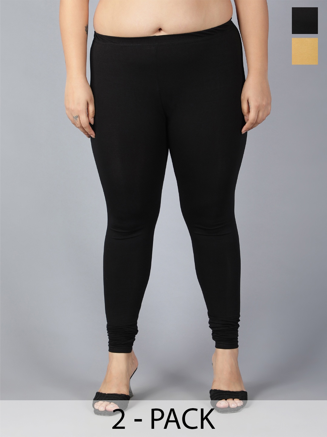Plus Size Pack of 2 Churidar-Length Leggings, Black