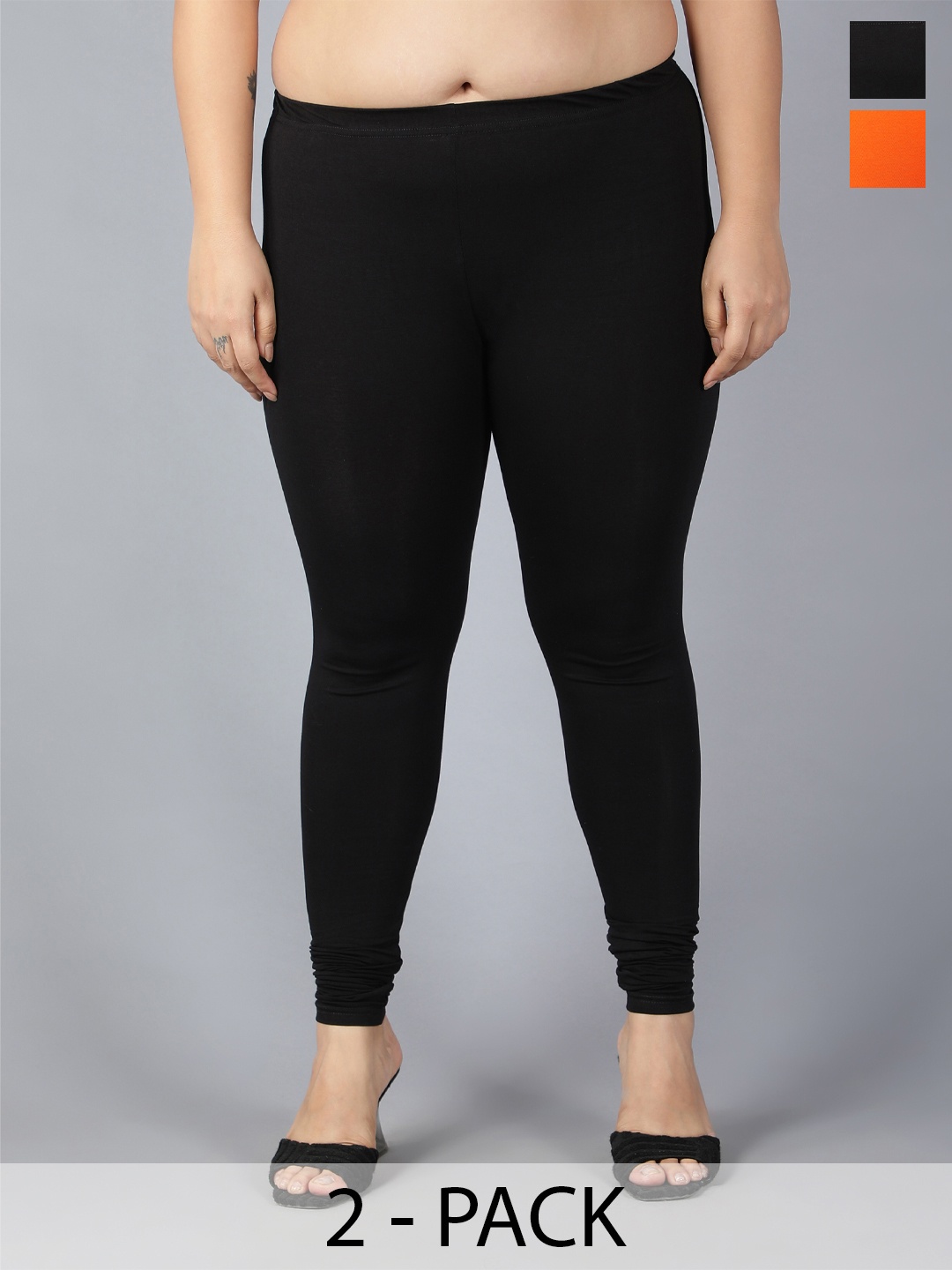 Plus Size Pack Of 2 Churidar Length Leggings, Black