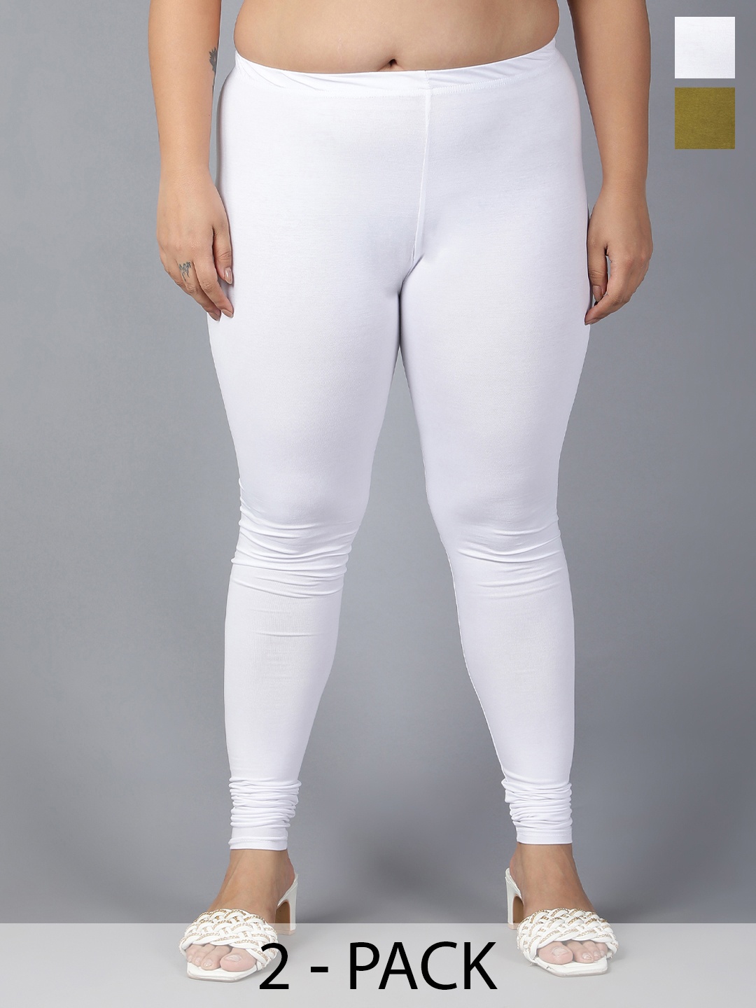 Plus Size Pack Of 2 Churidar Length Leggings, White