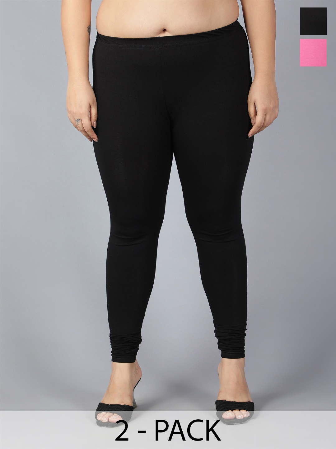 Plus Size Pack Of 2 Churidar Length Leggings, Black