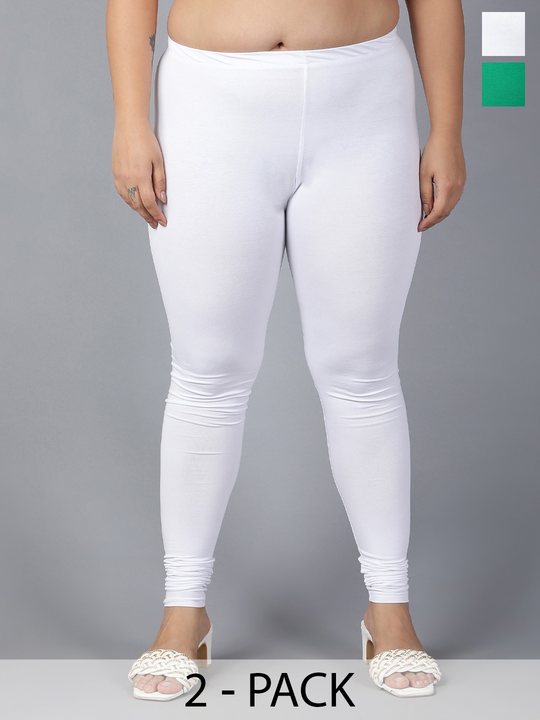 Plus Size Pack Of 2 Churidar-Length Leggings, White