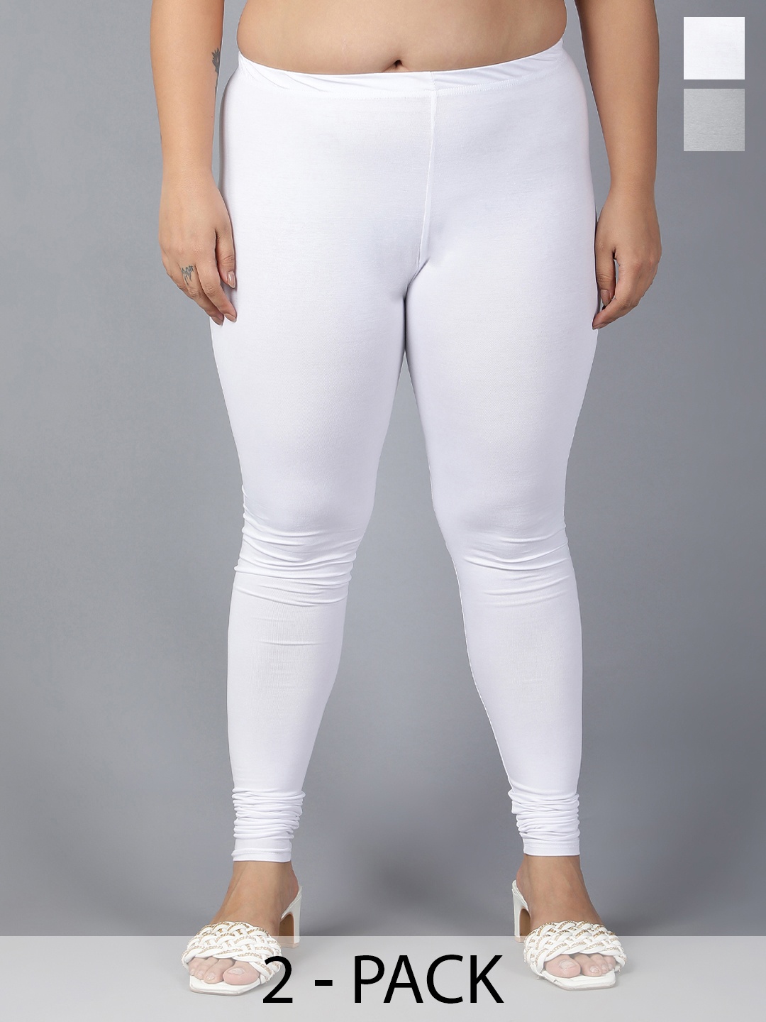 Plus Size Pack Of 2 Plus Size Churidar Length Leggings, White