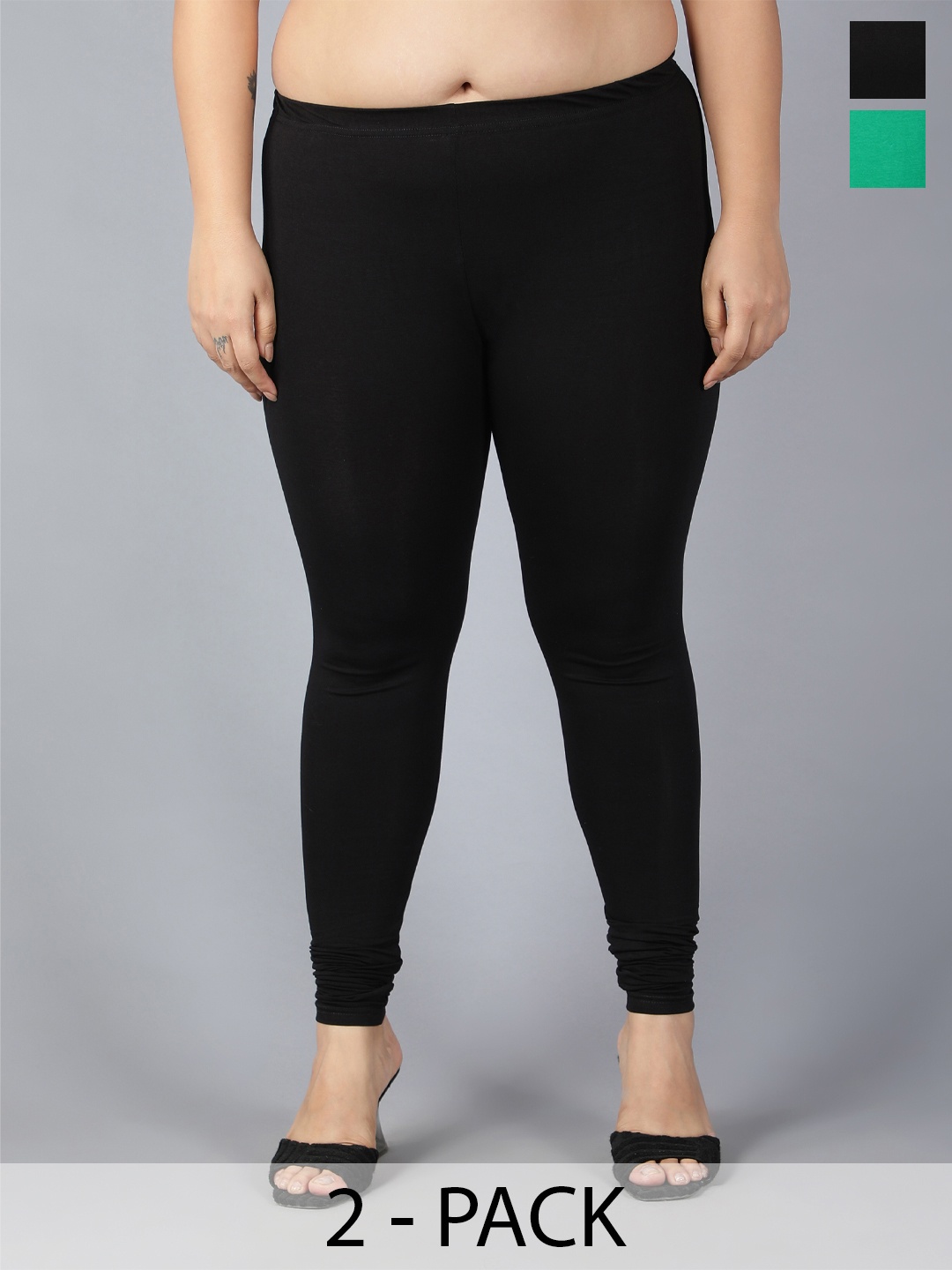 

Plus Size Women Pack Of 2 Churidar Length Leggings Plus Size, Black