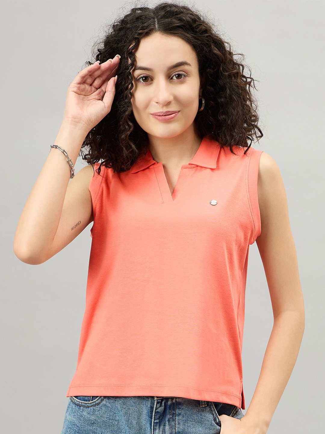 

FEMEA Women Solid Polo Collar Sleeveless T-shirt, Orange