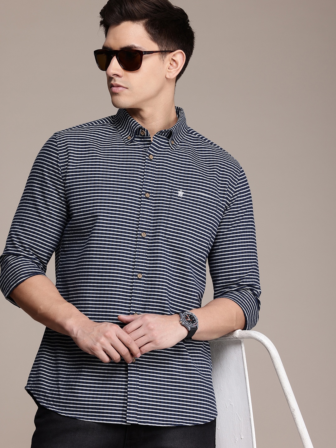 

French Connection Men Premium Slim Fit Horizontal Striped Pure Cotton Casual Shirt, Navy blue