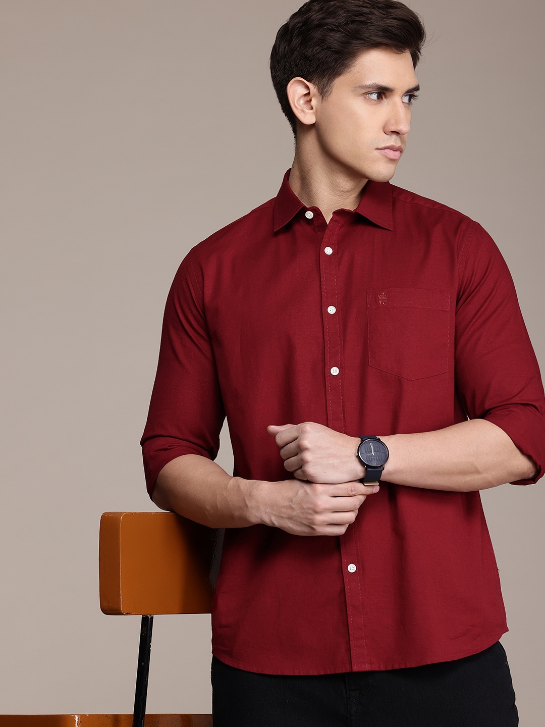 

French Connection Men Premium Slim Fit Pure Cotton Casual Shirt, Maroon