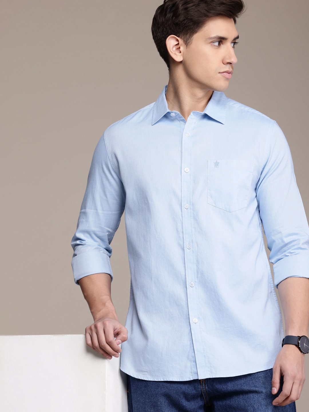 

French Connection Men Premium Slim Fit Pure Cotton Casual Shirt, Blue