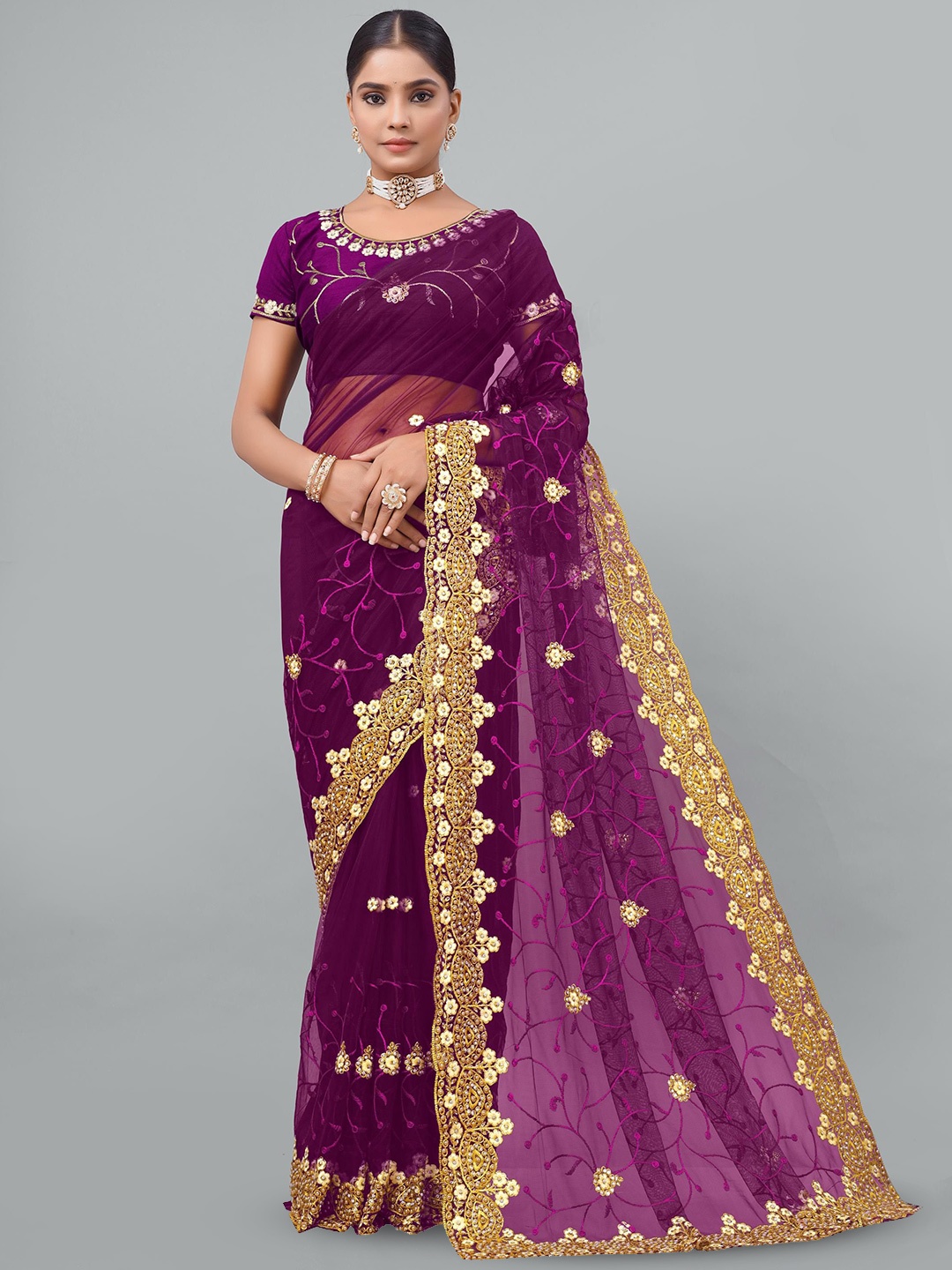 

KHRITI FAB Floral Beads and Stones Supernet Saree, Purple
