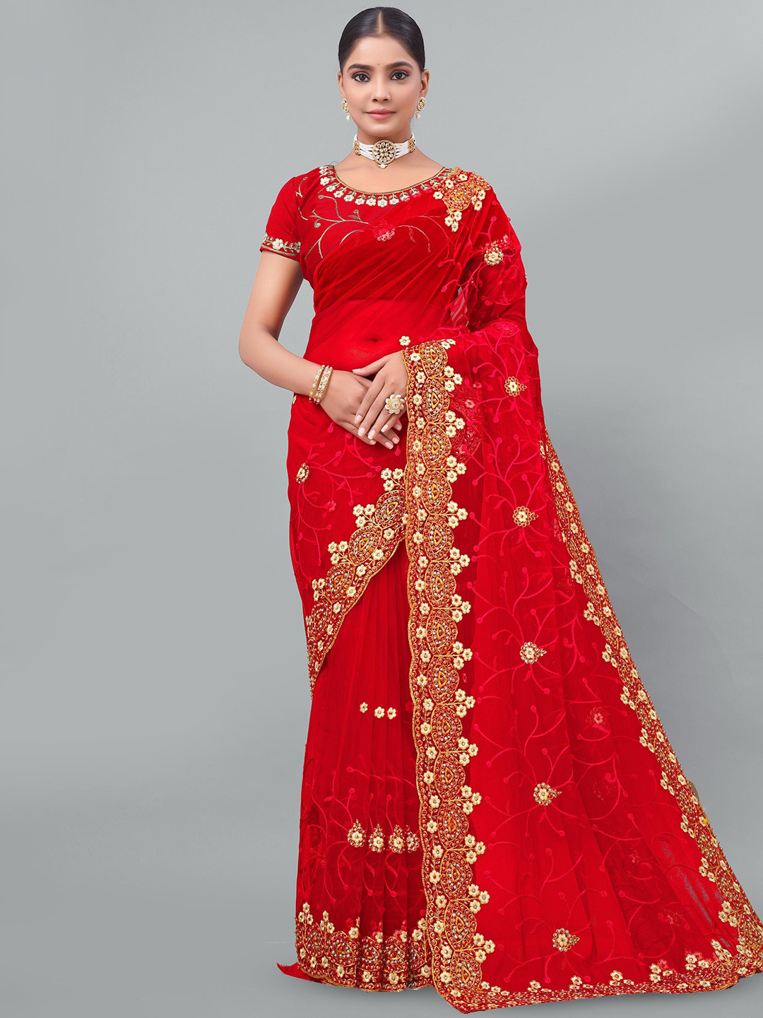 

KHRITI FAB Floral Embroidered Supernet Saree, Red