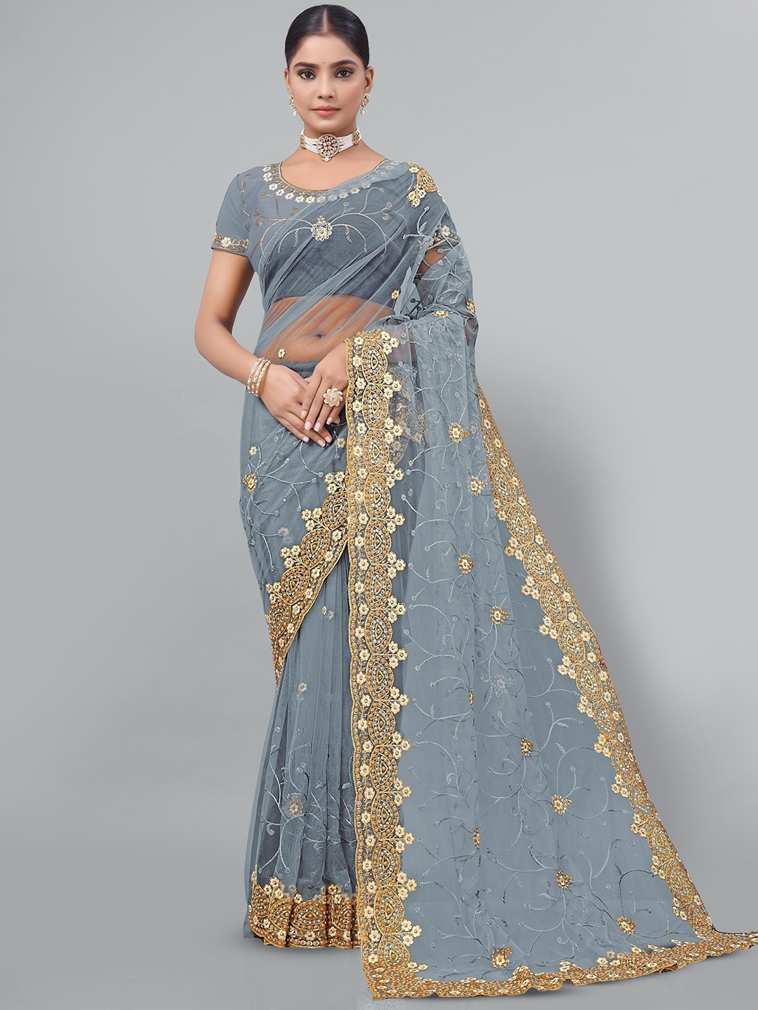 

KHRITI FAB Floral Embroidered Supernet Saree, Grey