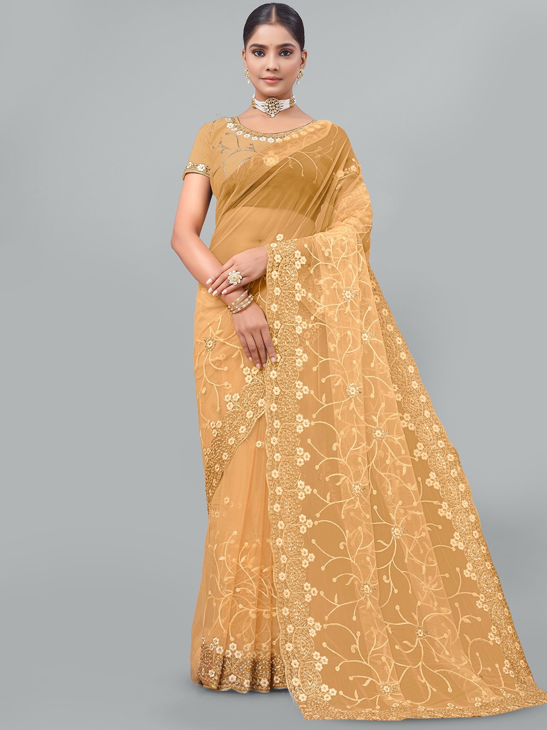 

KHRITI FAB Floral Embroidered Supernet Saree, Beige