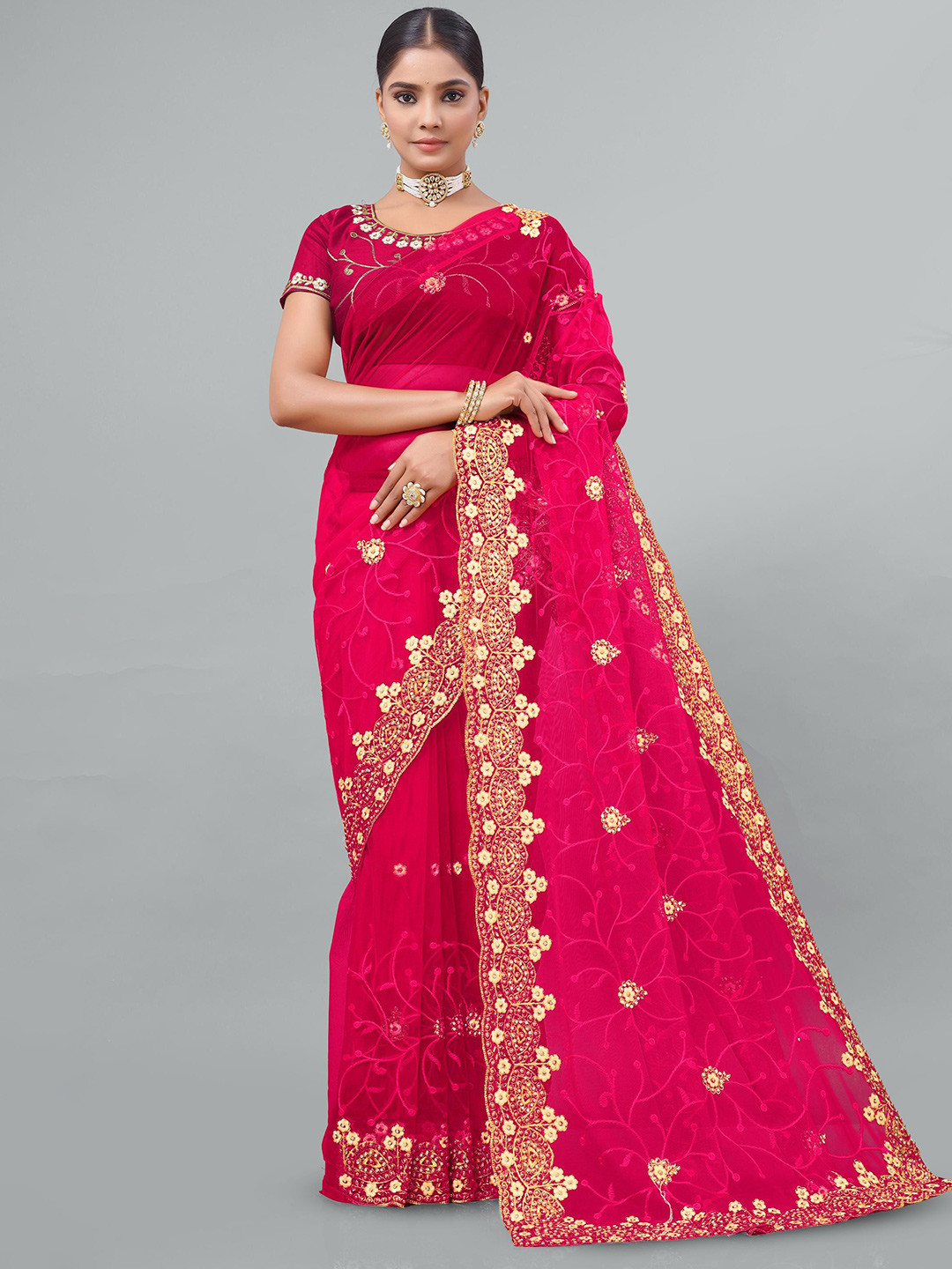 

KHRITI FAB Floral Beads and Stones Supernet Saree, Pink
