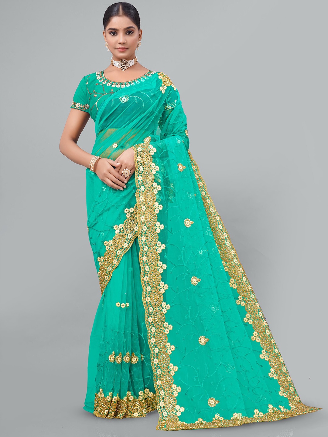 

KHRITI FAB Embellished Embroidered Supernet Saree, Green