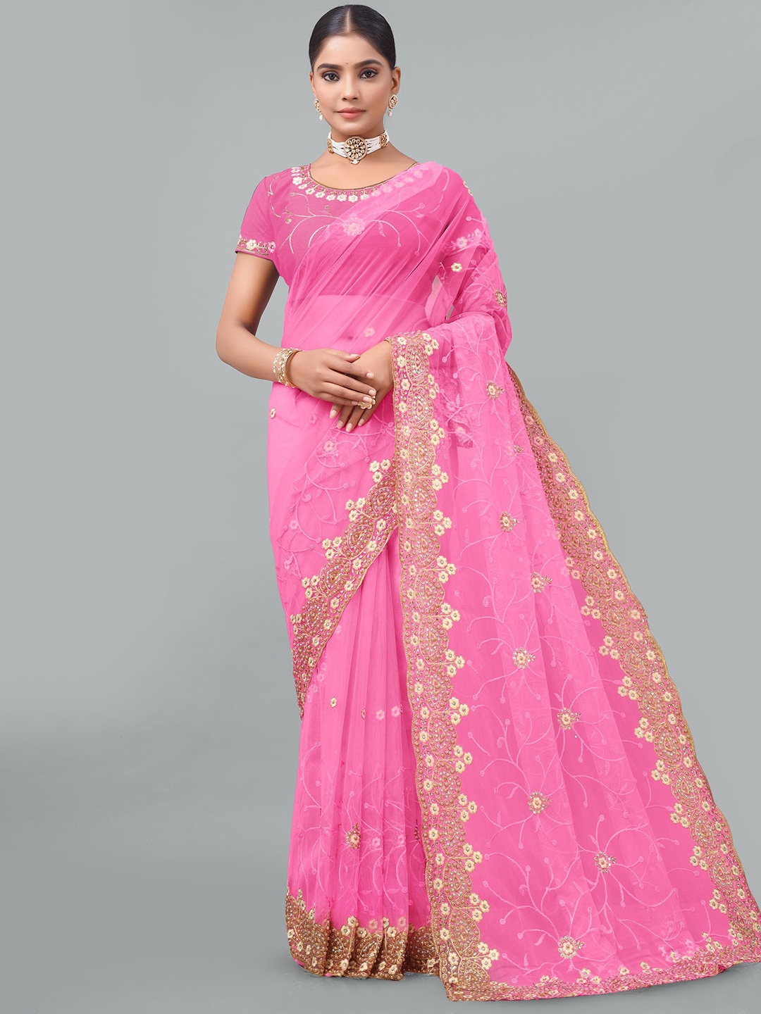 

KHRITI FAB Floral Embroidered Supernet Saree, Pink