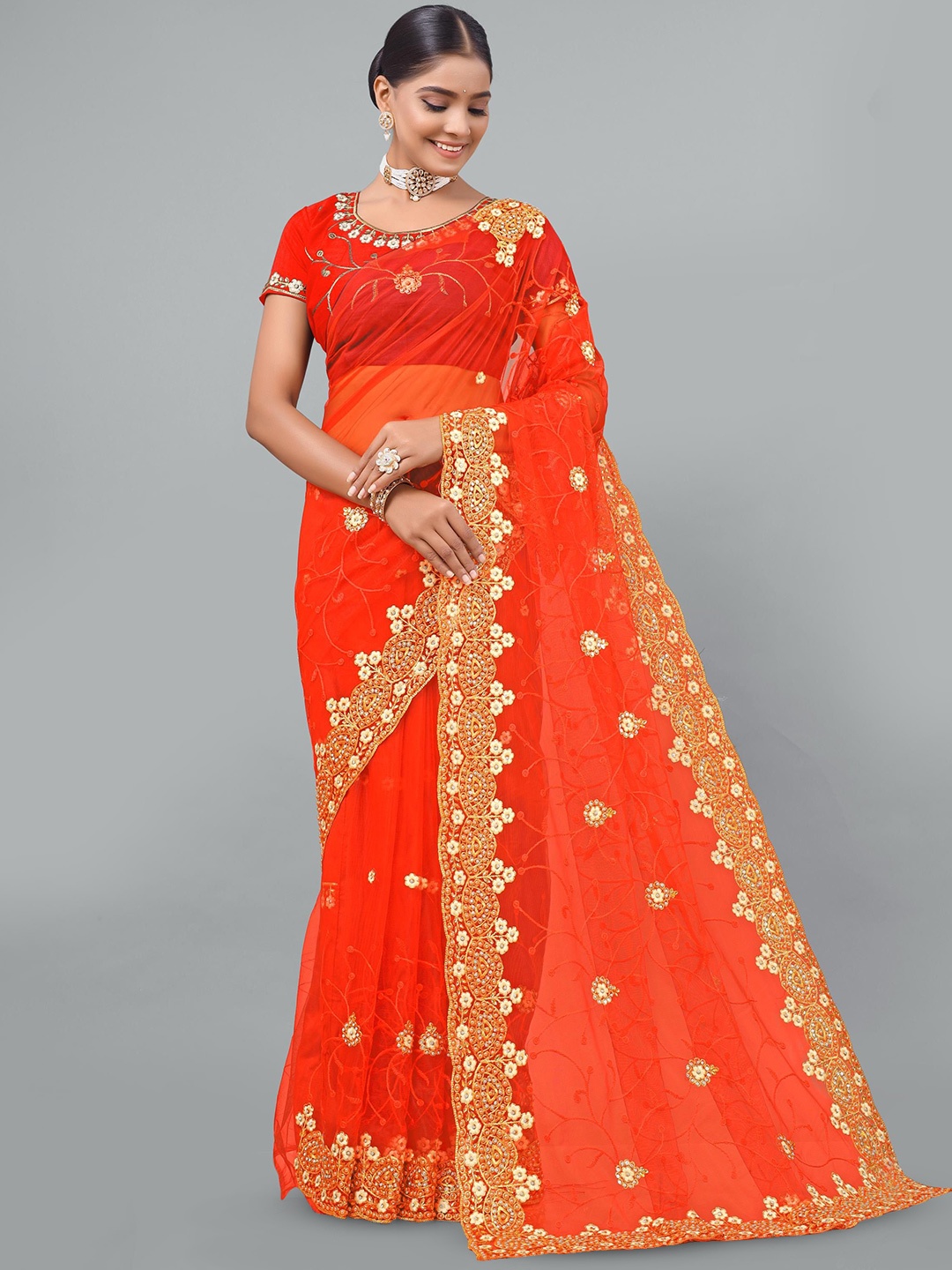 

KHRITI FAB Floral Beads and Stones Supernet Saree, Orange