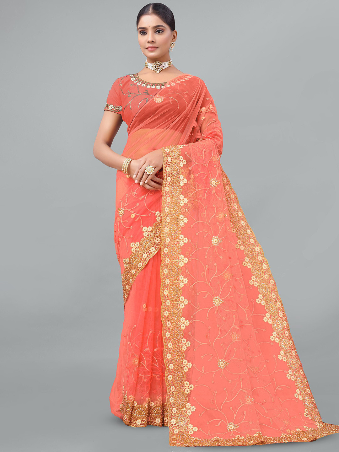 

KHRITI FAB Floral Embroidered Supernet Saree, Peach