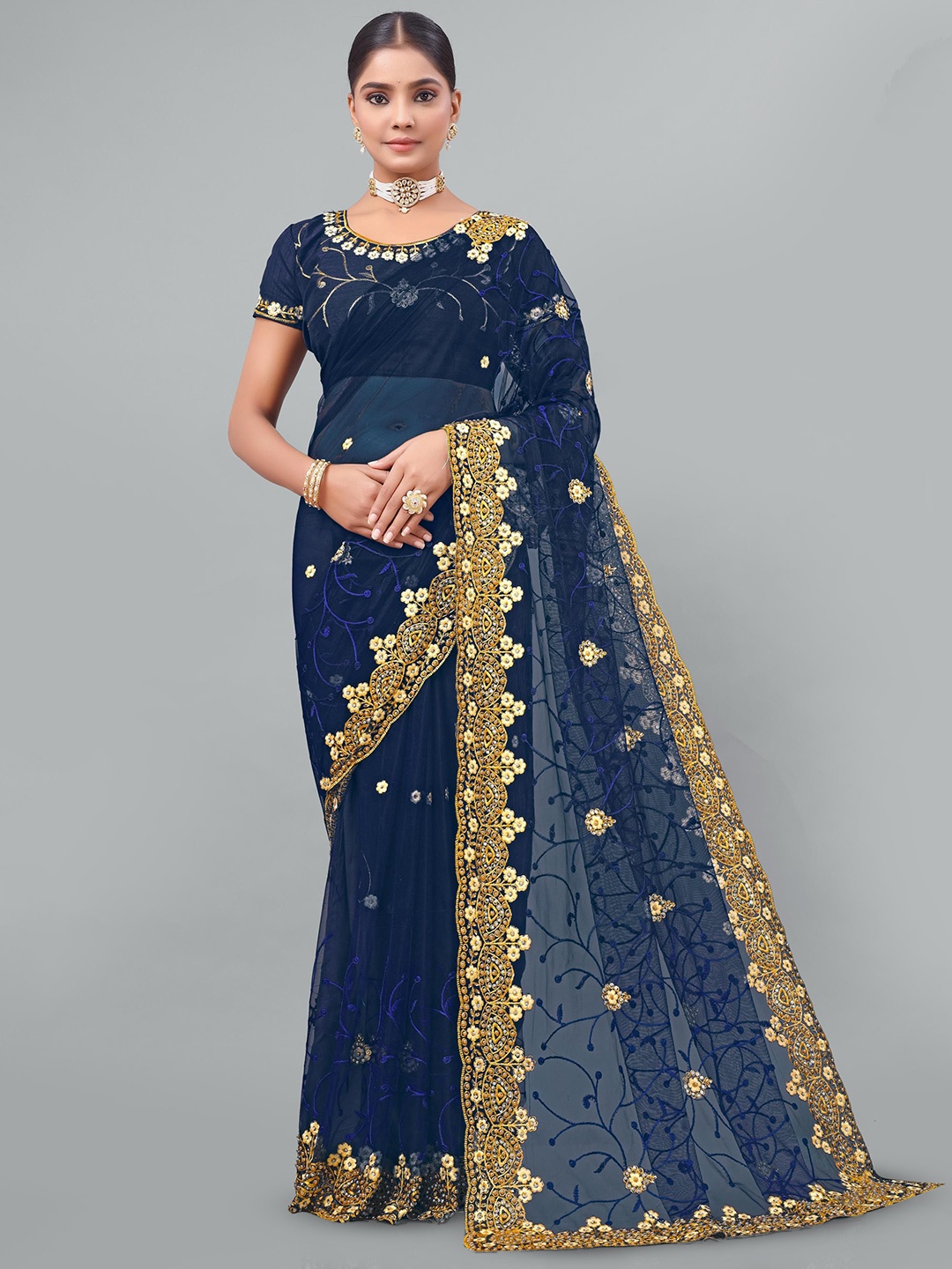 

KHRITI FAB Embellished Embroidered Supernet Saree, Navy blue