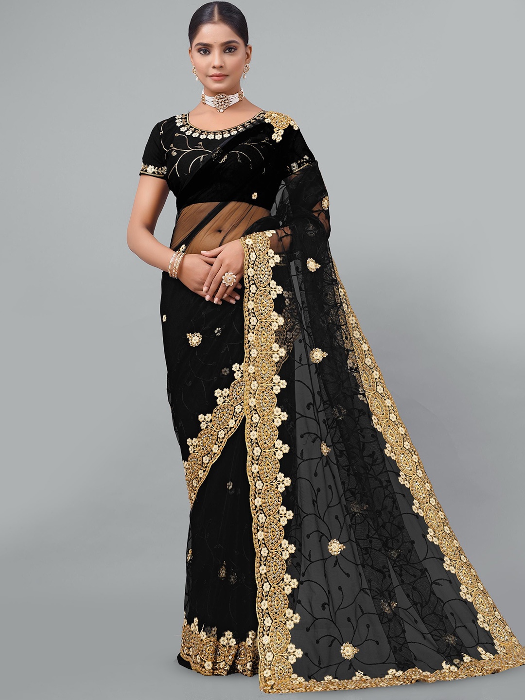 

KHRITI FAB Floral Embroidered Supernet Saree, Black