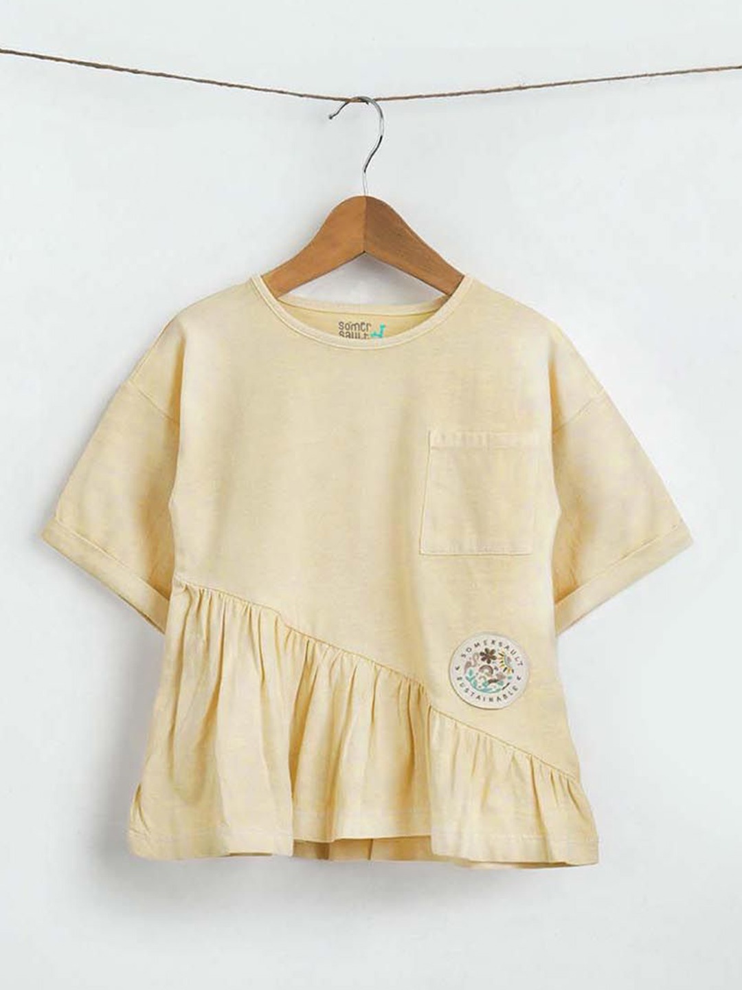 

Somersault Girls Solid Round Neck Applique Cotton Top, Beige