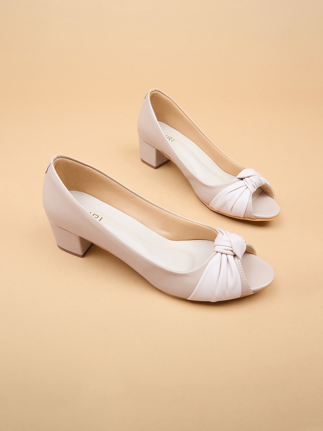 

Ozuri Solid Block Peep Toes with Bows, Beige