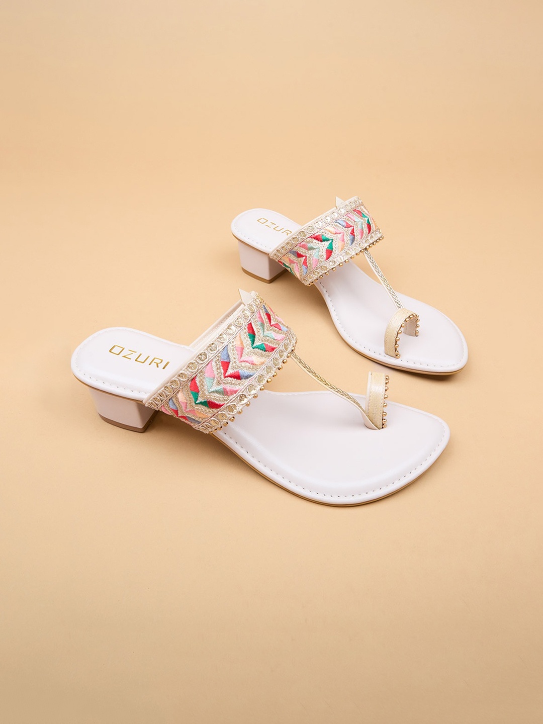 

Ozuri Woven Design Synthetic Block Heel Sandals, Beige