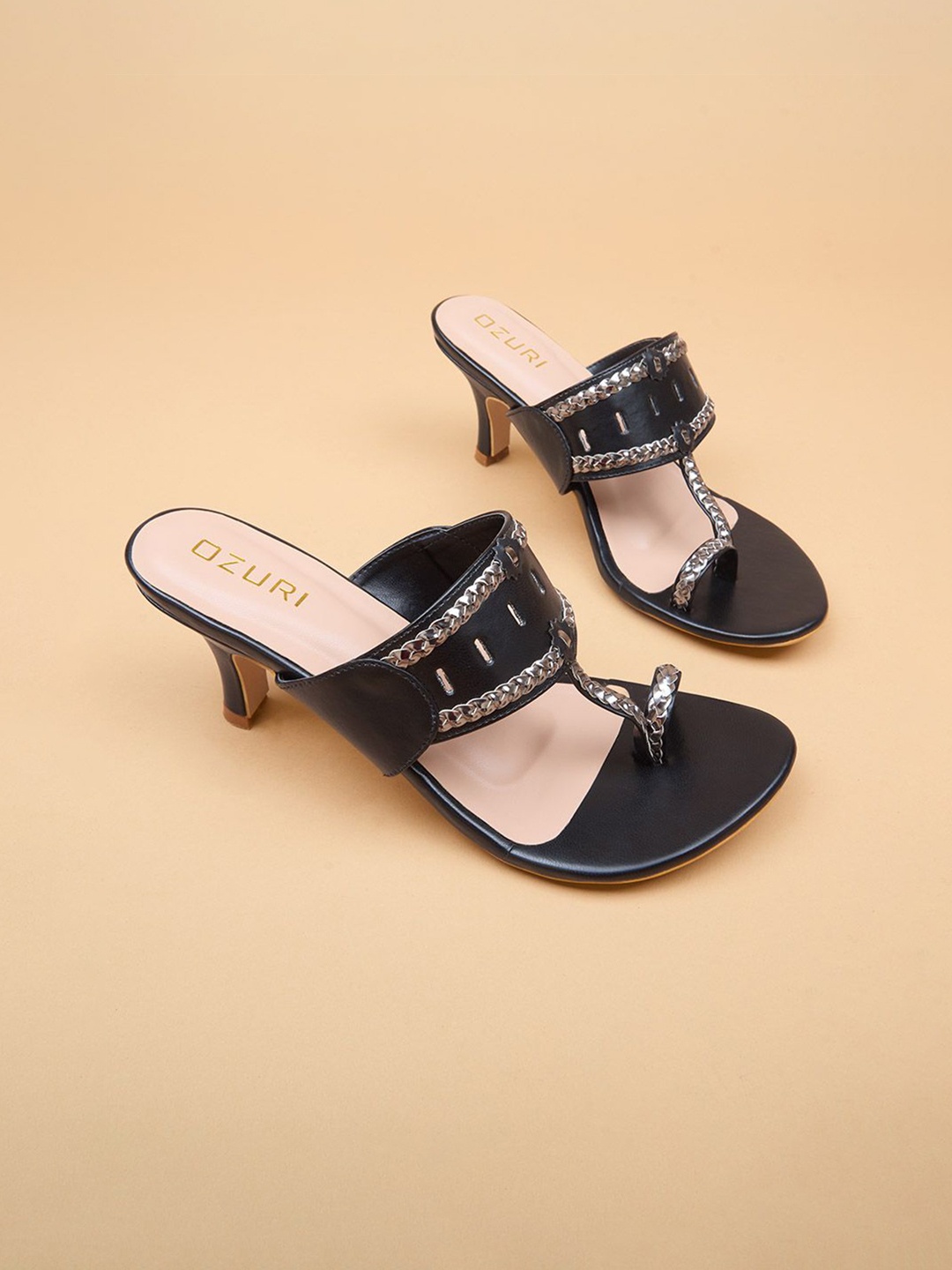 Ozuri Woven Design Open Toe Kitten Heel Sandals, Black