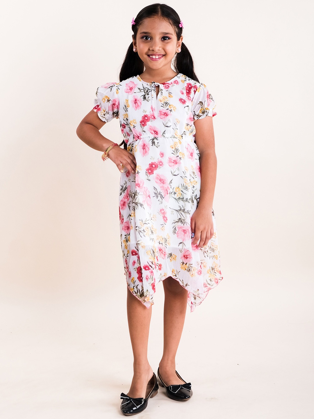 

KiddoPanti Floral Print Keyhole Neck Georgette A-Line Dress, White