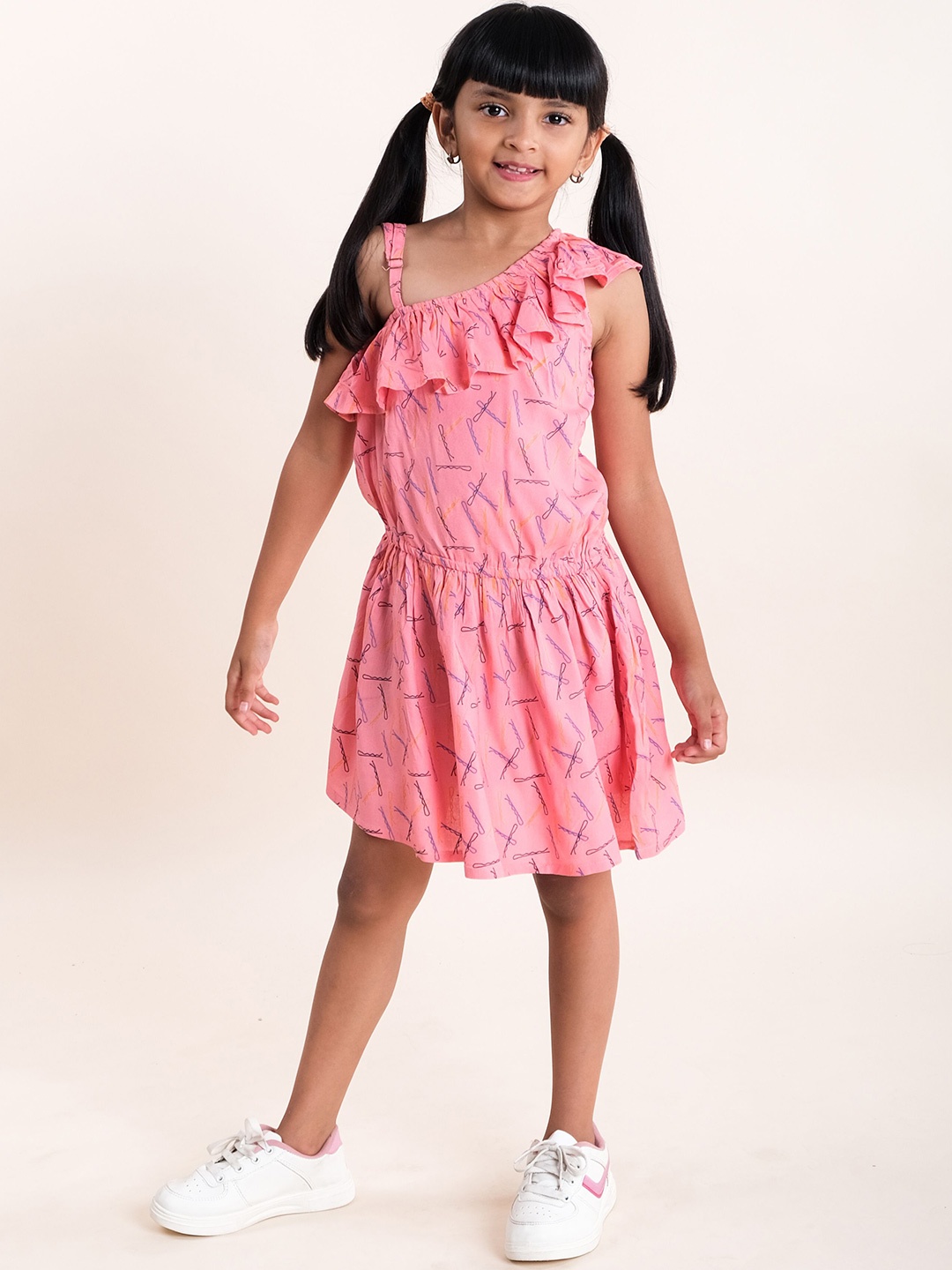 

KiddoPanti Asymmetric Neck Blouson Dress, Pink