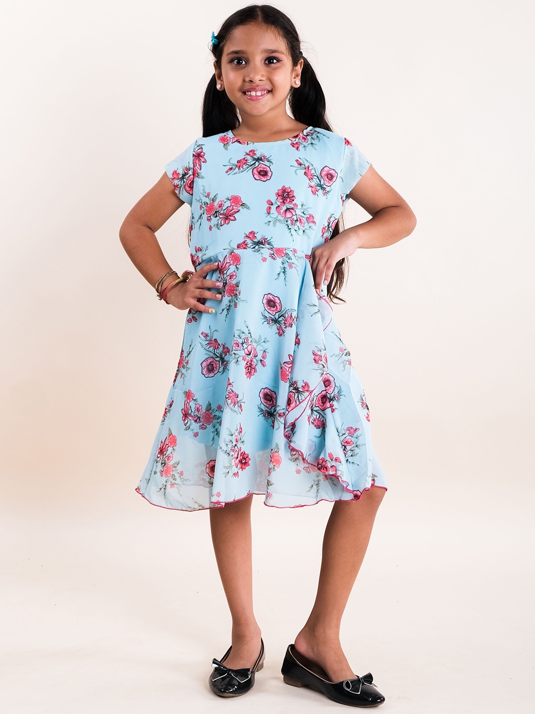 KiddoPanti Floral Print Georgette Fit & Flare Dress, Blue