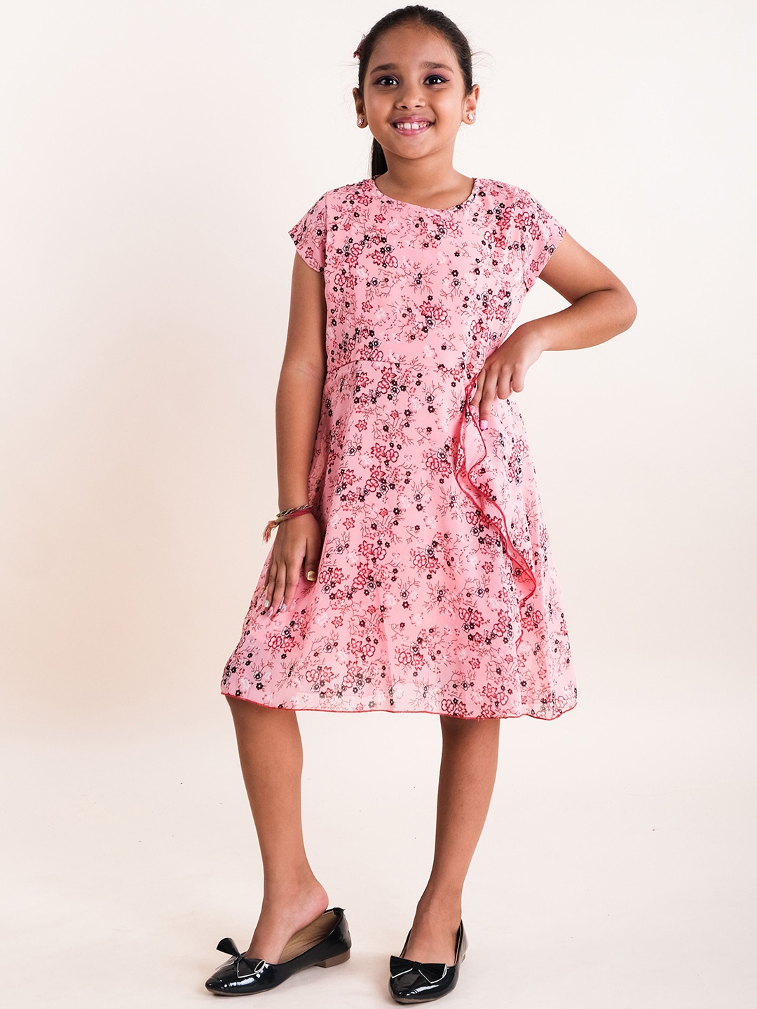 

KiddoPanti Floral Print Georgette Fit & Flare Dress, Peach