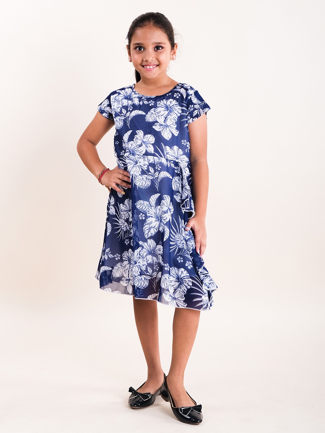 

KiddoPanti Floral Print Georgette A-Line Dress, Navy blue