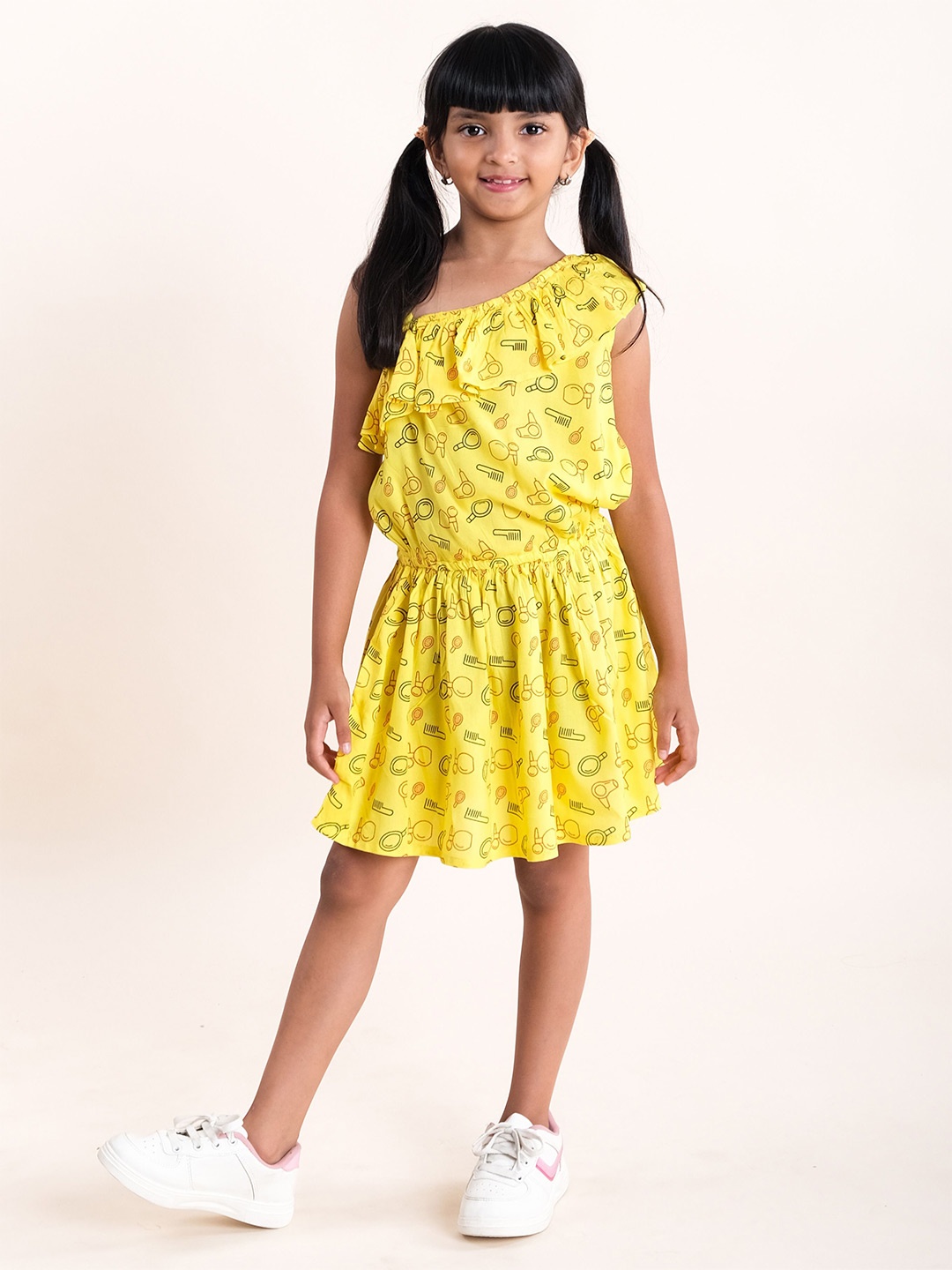 

KiddoPanti Asymmetric Neck Blouson Dress, Yellow